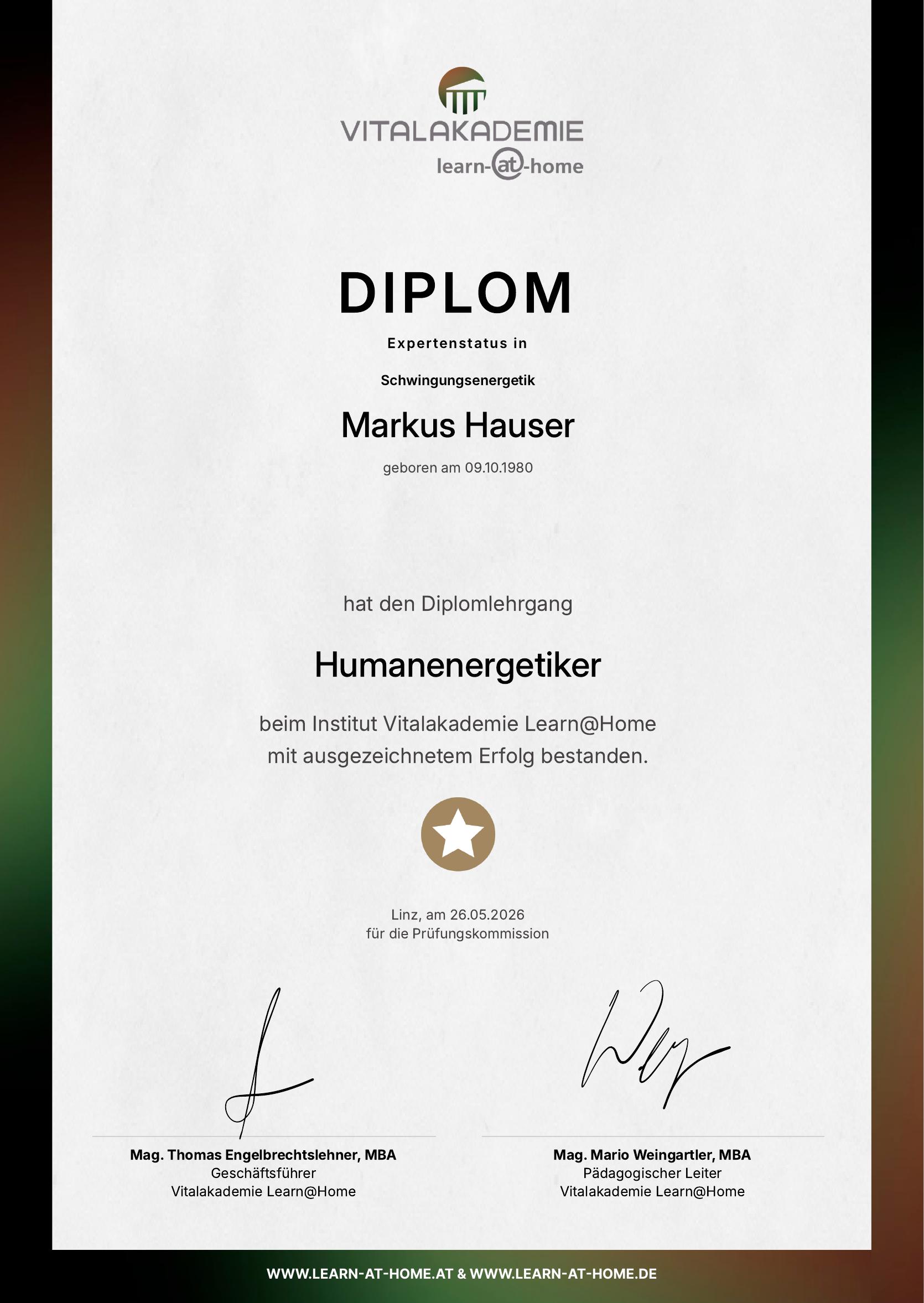 Diplom Humanenergetiker, Expertenstatus Schwingungsenergetik – Markus Hauser